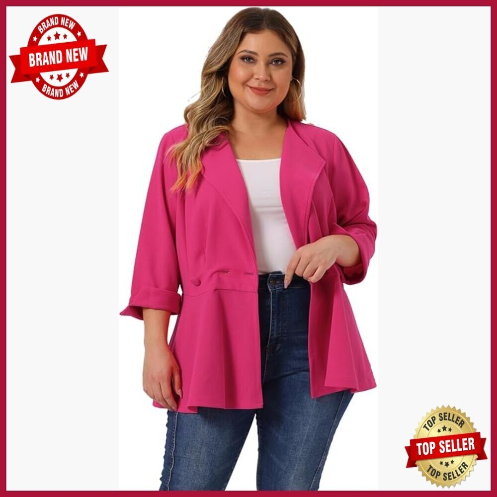 Plus Size Peplum Blazer Notched Lapel Button Office Work Casual